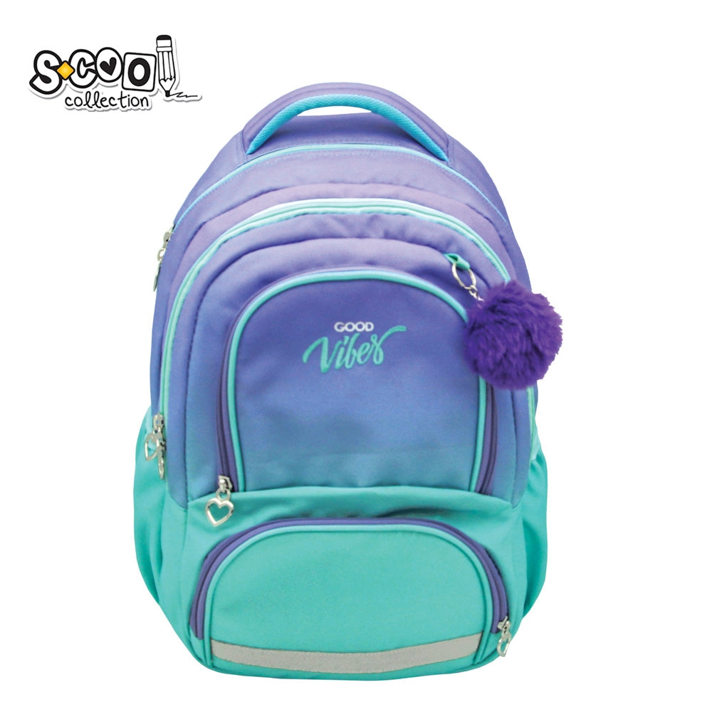 Ghiozdan ergonomic fete S-COOL model GOOD VIBES 42 cm cu compartiment laptop accesoriu pop-pom spate anatomic respirabil curea pectorala si benzi reflectorizante 360 grade