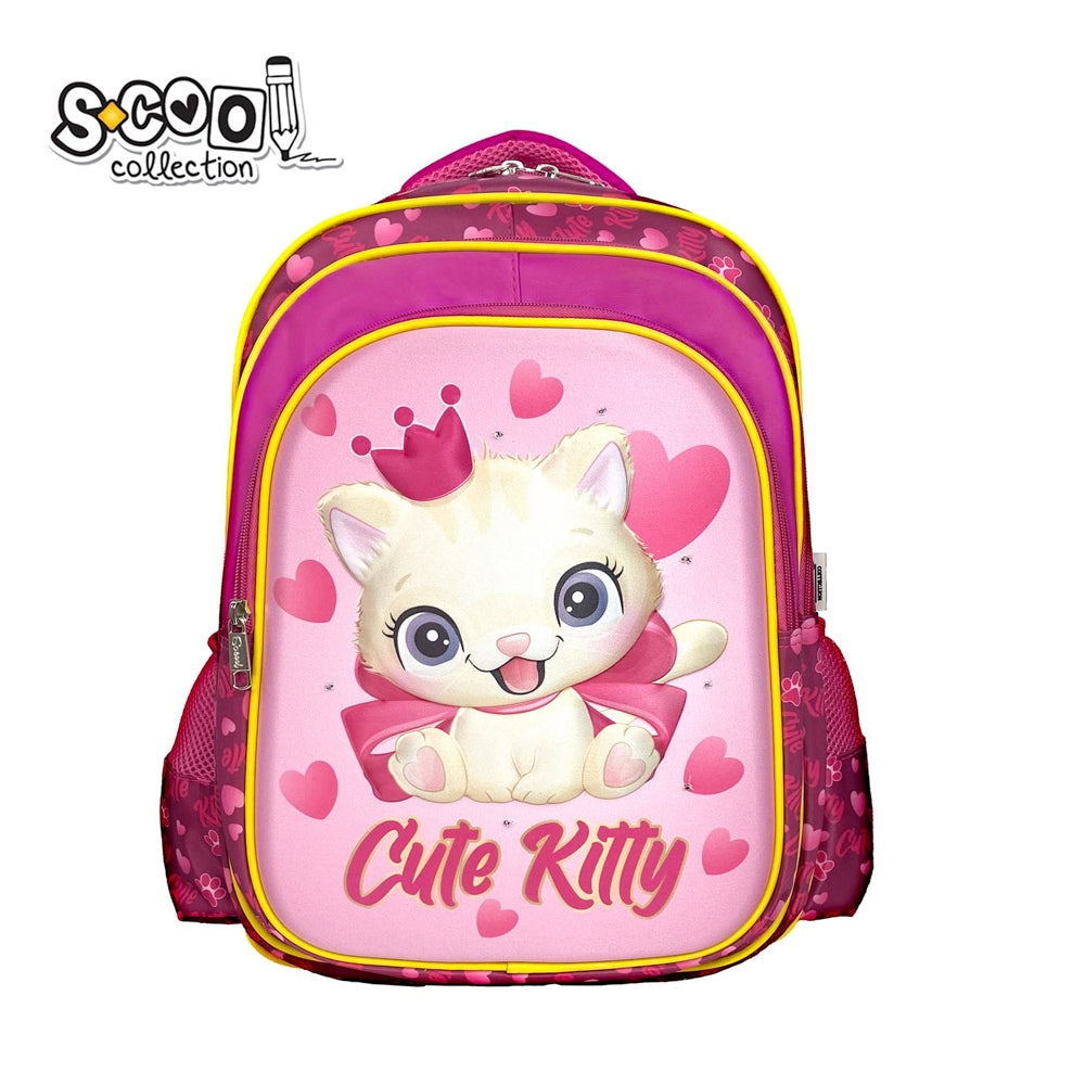 Ghiozdan anatomic fete S-Cool model Cute Kitty 3D cu LED-uri colorate intermitente 40 cm doua compartimente spate buretat si material impermeabil