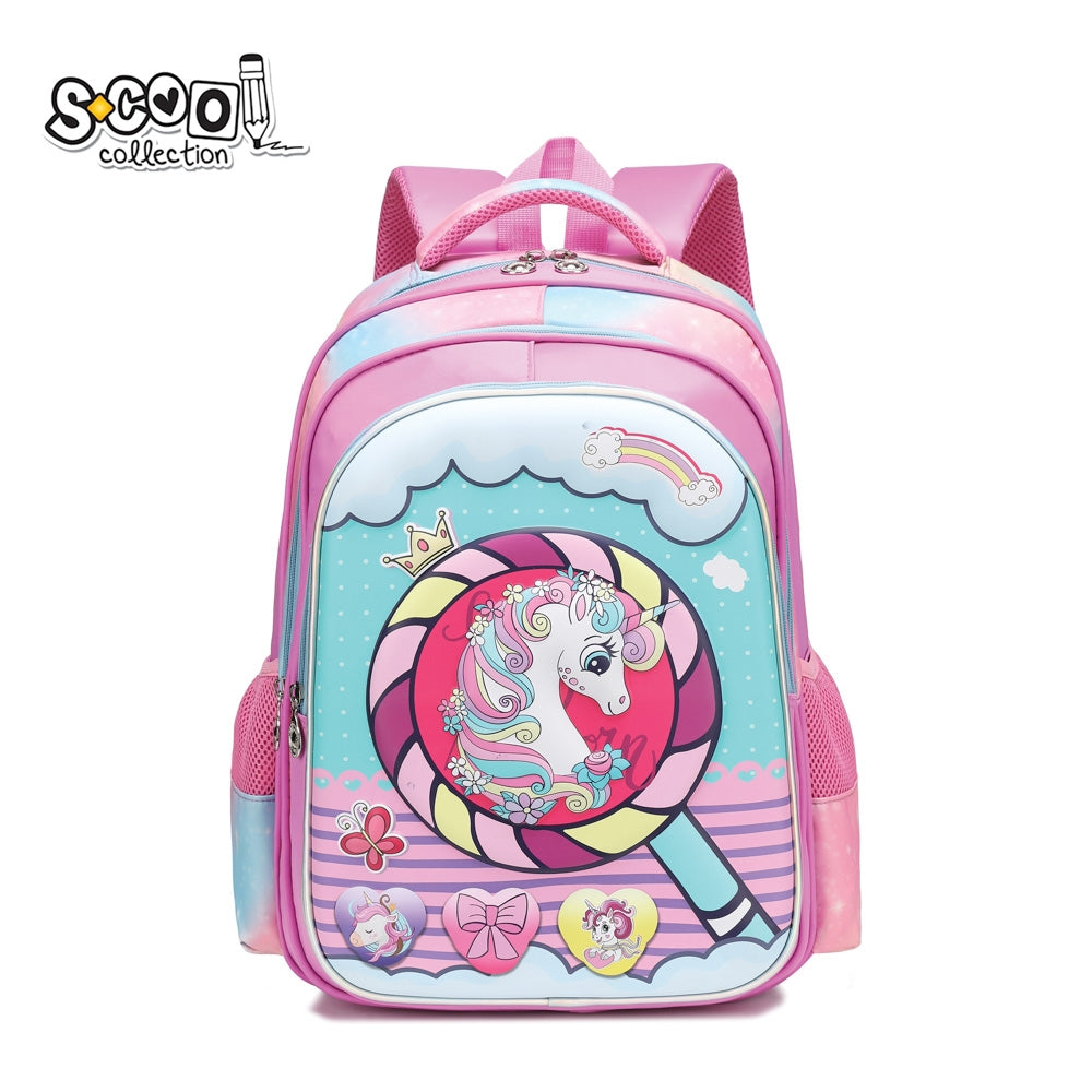 Ghiozdan 3D pentru fete S-COOL model Lollipop 41 cm volum 30 litri material impermeabil poliester 230D cu carcasa frontala EVA si spate buretat anatomic