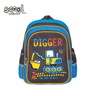 Ghiozdan gradinita baieti S-COOL model DIGGER 33 cm imprimeu excavator curea pectorala de fixare spate respirabil cu stea si benzi reflectorizante