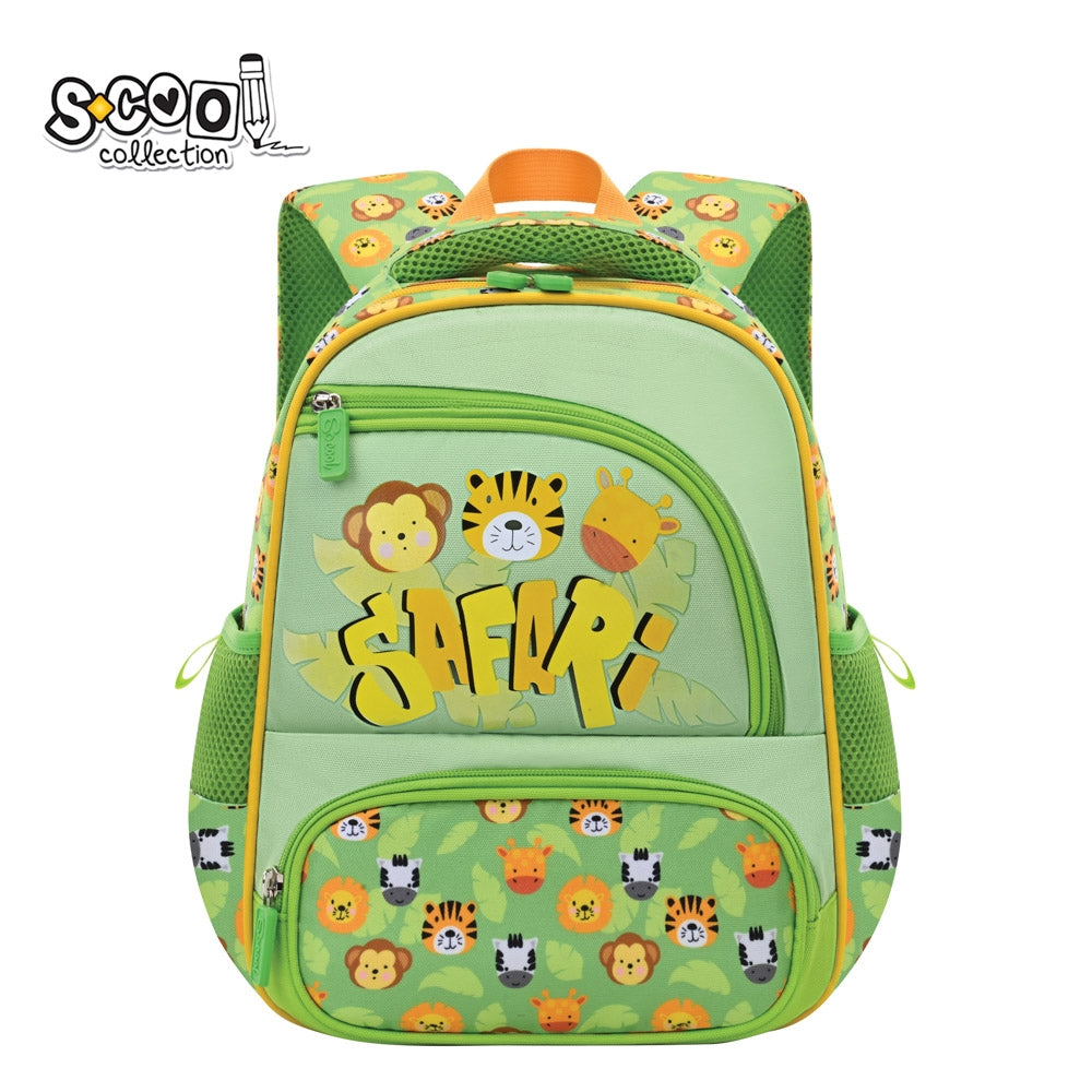 Ghiozdan gradinita baieti S-COOL model Safari 30 cm design animale salbatice buzunare frontale buretate spate respirabil benzi reflectorizante si volum 11 litri