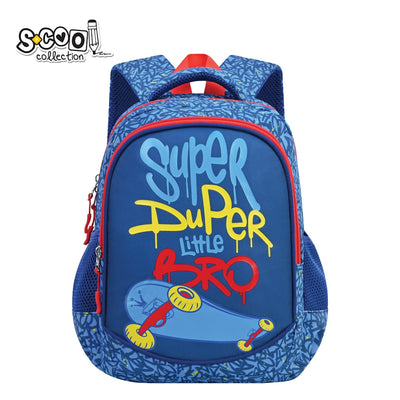 Ghiozdan gradinita baieti S-COOL model Super Duper 34 cm albastru material poliester 900D buzunar frontal buretat spate confortabil si volum 11 litri