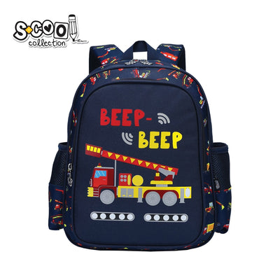 Ghiozdan gradinita baieti S-COOL model Beep Beep 33 cm imprimeu vehicule greutate 0.35kg brelocuri ursulet spate respirabil si curea pectorala
