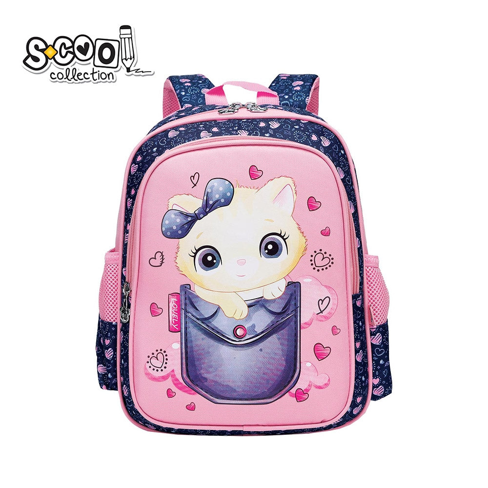Ghiozdan gradinita fete S-COOL model CAT 33 cm imprimeu iepuras si pepene greutate 0.35kg brelocuri ursulet spate respirabil si curea pectorala