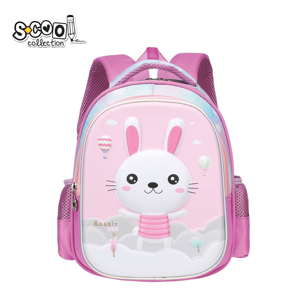 Ghiozdan gradinita fete S-COOL model 3D Rabbit 31 cm panou frontal EVA tridimensional iepuras roz medalion decorativ spate buretat si buzunare laterale