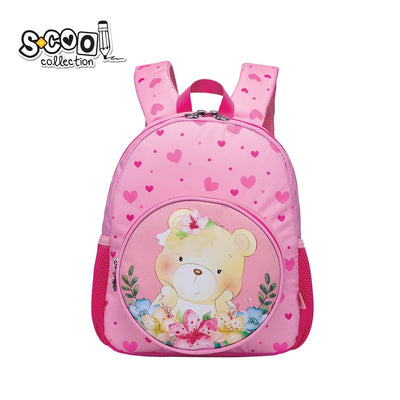 Ghiozdan gradinita fete S-COOL model Bear 31 cm imprimeu ursulet brelocuri metalice spate respirabil curea pectorala de fixare si benzi reflectorizante
