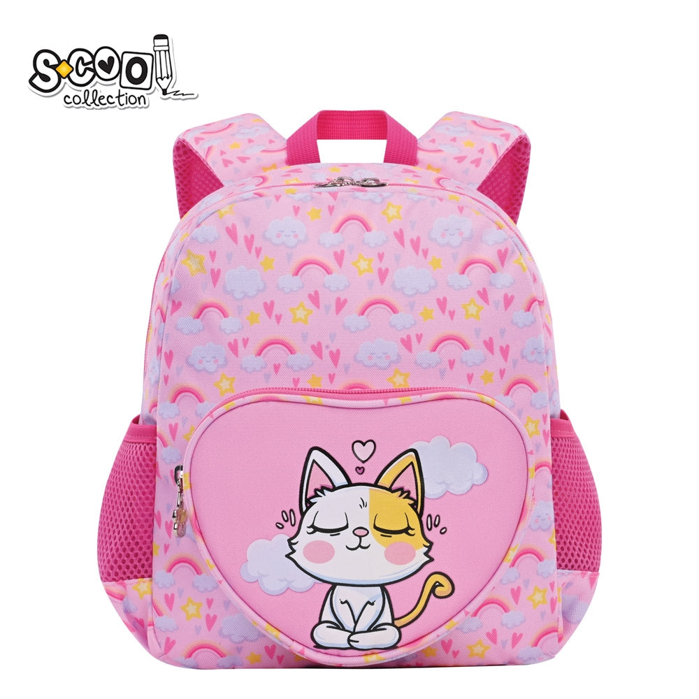 Ghiozdan gradinita fete S-COOL model Kitty 30 cm imprimeu pisica buzunar frontal inimioara curea pectorala de fixare spate respirabil si benzi reflectorizante