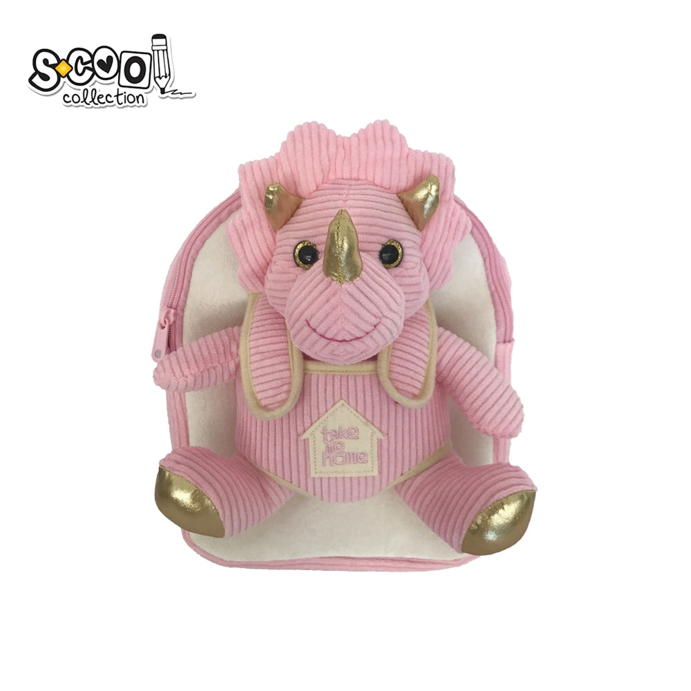 Ghiozdan gradinita fete S-COOL model Baby Animals din plus roz si crem cu jucarie dinozaur detasabila cu detalii aurii greutate 0.25kg compartiment buretat si bretele reglabile