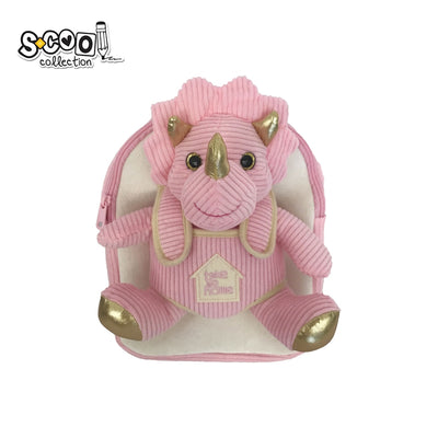 Ghiozdan gradinita fete S-COOL model Baby Animals din plus roz si crem cu jucarie dinozaur detasabila cu detalii aurii greutate 0.25kg compartiment buretat si bretele reglabile