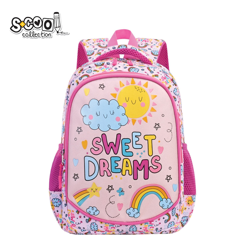 Ghiozdan gradinita fete S-COOL model Sweet Dreams 34 cm roz material poliester 900D buzunar frontal buretat spate confortabil si volum 11 litri