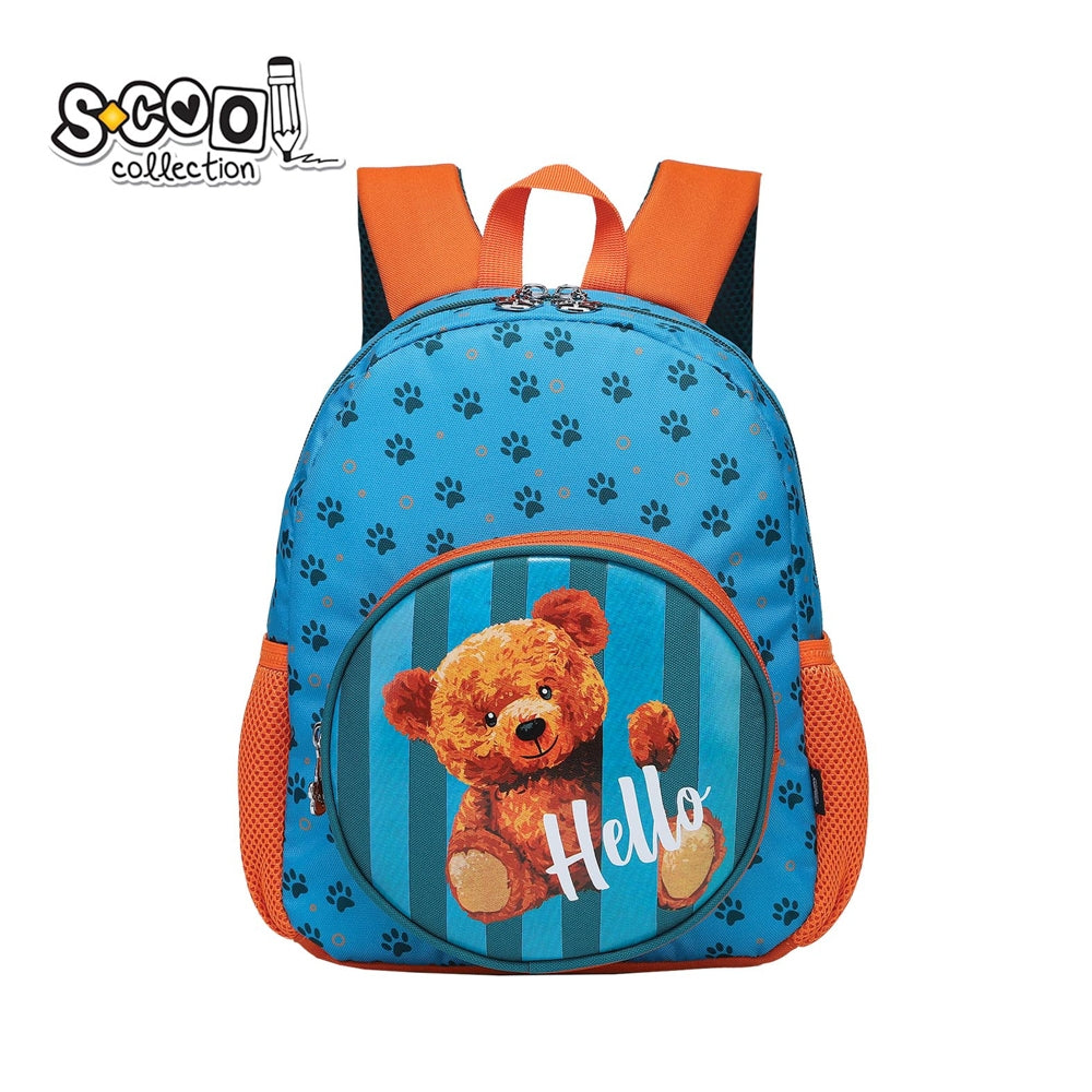 Ghiozdan gradinita S-COOL model HELLO 33 cm imprimeu ursulet brelocuri metalice curea pectorala de fixare spate respirabil si benzi reflectorizante