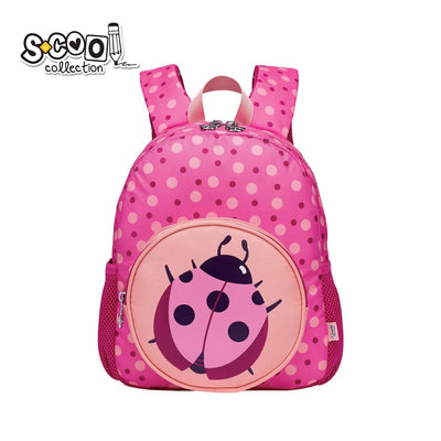 Ghiozdan gradinita S-COOL model LADYBUG 31 cm imprimeu buburuza buzunar frontal rotund brelocuri ursulet curea pectorala de fixare si benzi reflectorizante