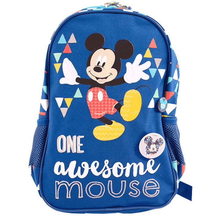 Ghiozdan gradinita Pigna Mickey Mouse albastru cu triunghiuri material impermeabil baza intarita compartiment principal si buzunare laterale apa 36 cm