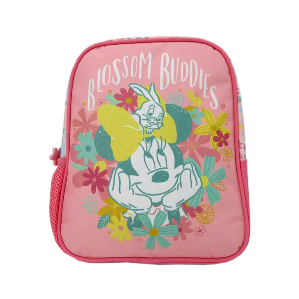 Ghiozdan gradinita fete Pigna model Minnie Mouse roz pastel cu detalii florale un compartiment cu fermoar si bretele spumate 28 cm