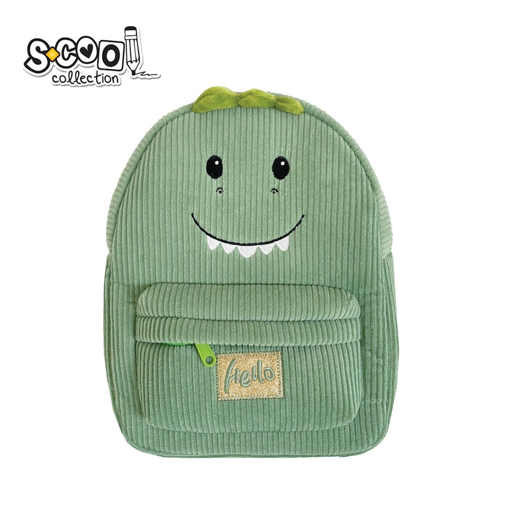 Ghiozdan gradinita S-COOL model Baby Animals Dinosaur din plus reiat verde cu sclipici auriu greutate 0.16kg compartiment captusit si bretele reglabile