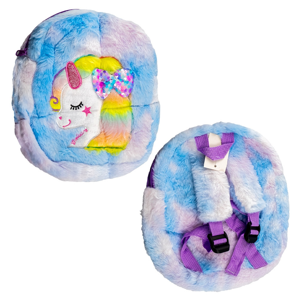 Ghiozdanel fete din plus model Unicorn cu broderie si fundita cu paiete inaltime 25 cm interior captusit cu nailon si bretele reglabile mov sau roz