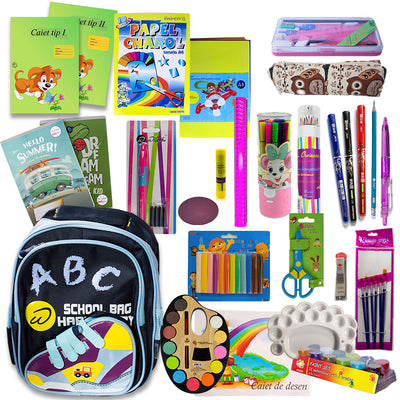 Set premium scoala baieti clasele 1 si 2 cu ghiozdan Willgo roller care se sterge caiete tip I si tip II trusa geometrie set pictura artist si foarfeca safety EVOffice