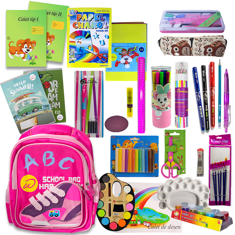 Set premium scoala fete clasele 1 si 2 cu ghiozdan Willgo roller care se sterge caiete tip I si tip II trusa geometrie set pictura artist si foarfeca safety EVOffice