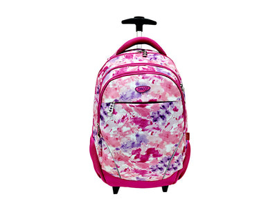 Ghiozdan troller Daco GH4012 roz cu model floral 44.5 cm maner telescopic 4 compartimente si bretele buretate