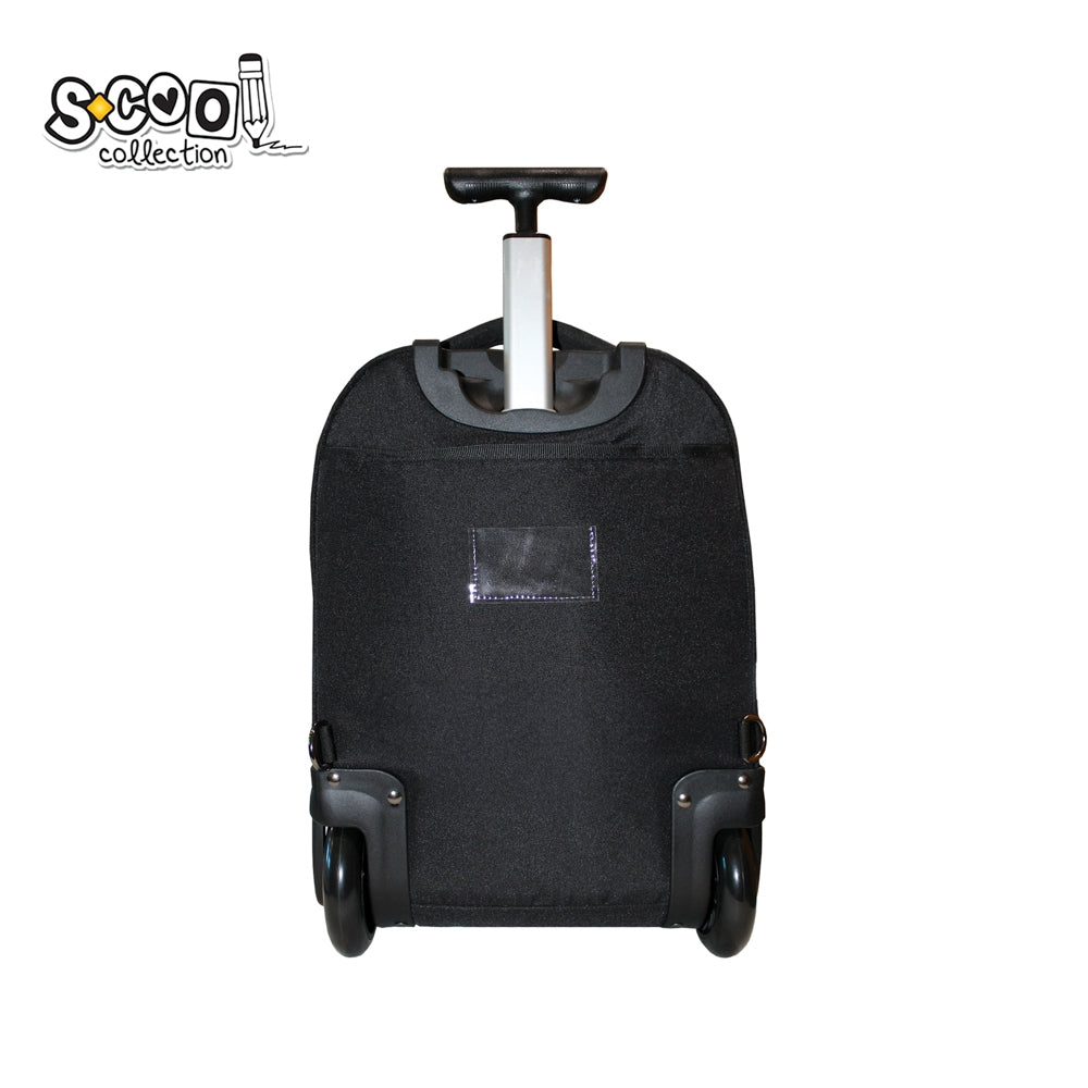 Ghiozdan tip troller premium S-COOL 49 cm imprimeu camuflaj compartiment laptop organizator tija aluminiu roti rezistente material impermeabil 600D si elemente reflectorizante