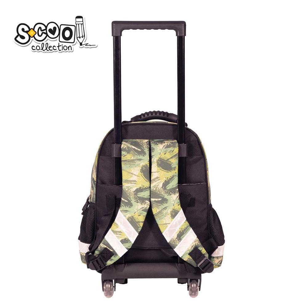 Ghiozdan tip troller baieti S-COOL model DINO 38 cm 2 in 1 compartiment laptop maner telescopic roti cu husa protectie si elemente reflectorizante
