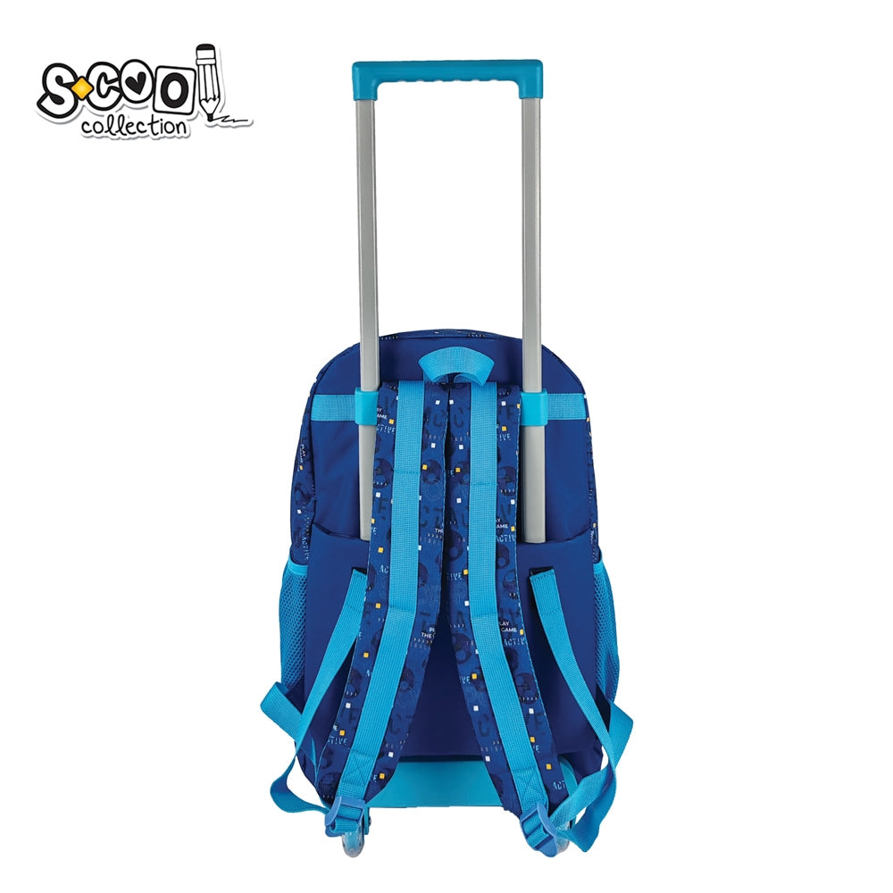 Ghiozdan tip troller S-COOL Limited Edition 45 cm albastru cu buzunar holografic maner telescopic aluminiu roti silicon cu sclipici si bretele buretate