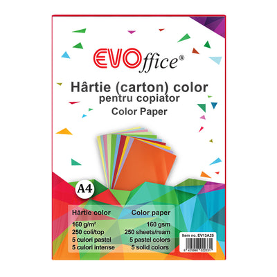 Carton 10 Culori Pastel A4, 160 G/Mp, 250 Coli/Top Evoffice