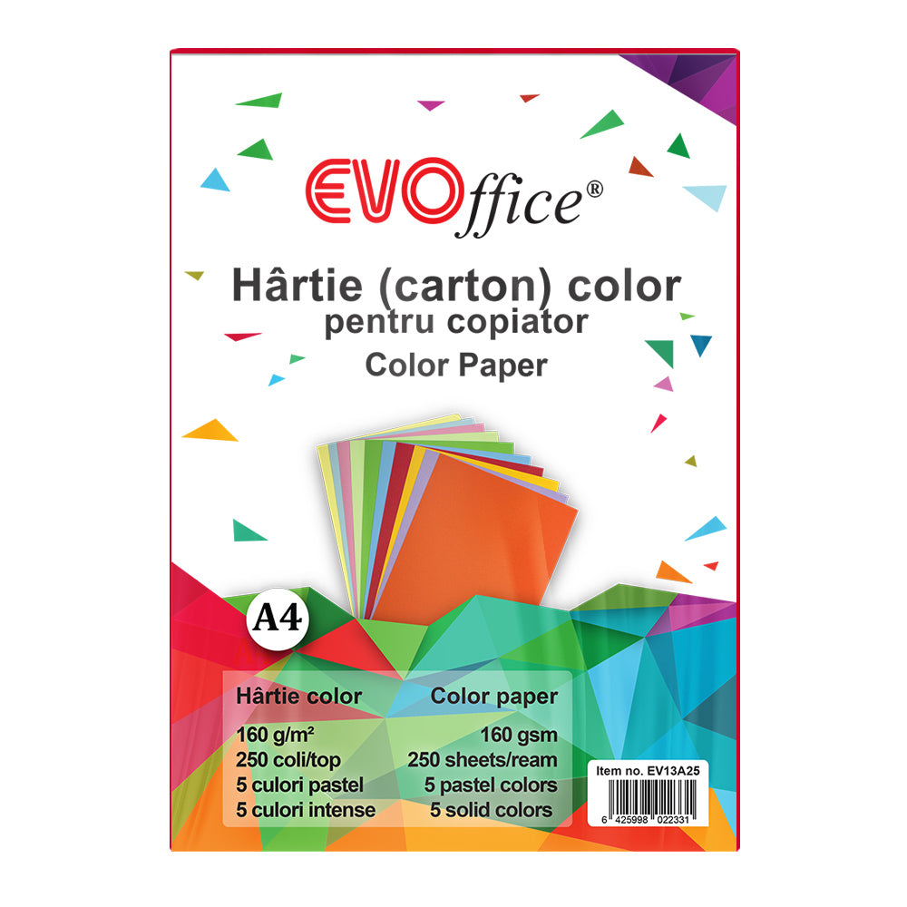 Carton 10 Culori Pastel A4, 160 G/Mp, 250 Coli/Top Evoffice