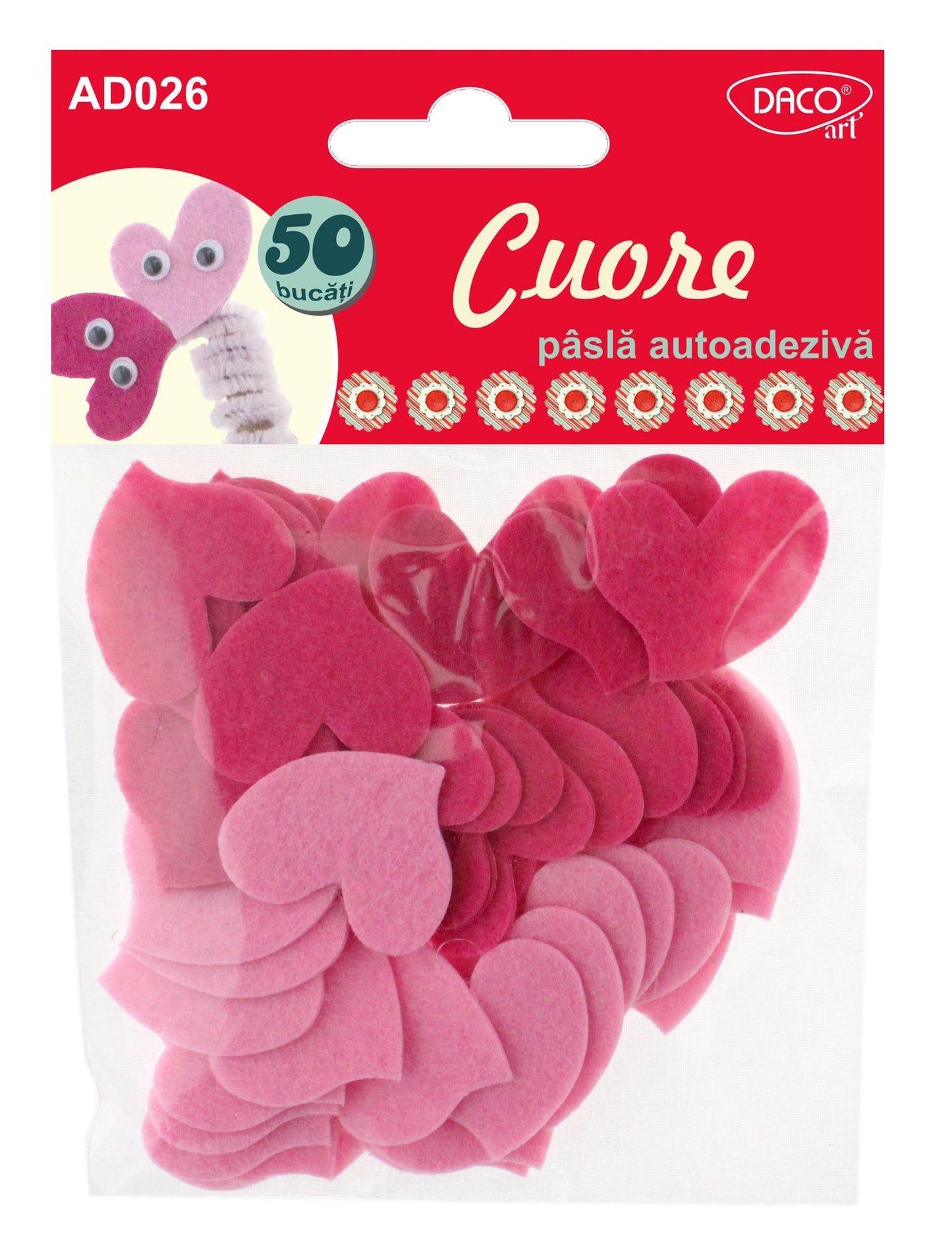 Set de 50 de inimioare decorative din fetru roz autoadeziv, brand DACO Art, pentru felicitări și proiecte creative handmade