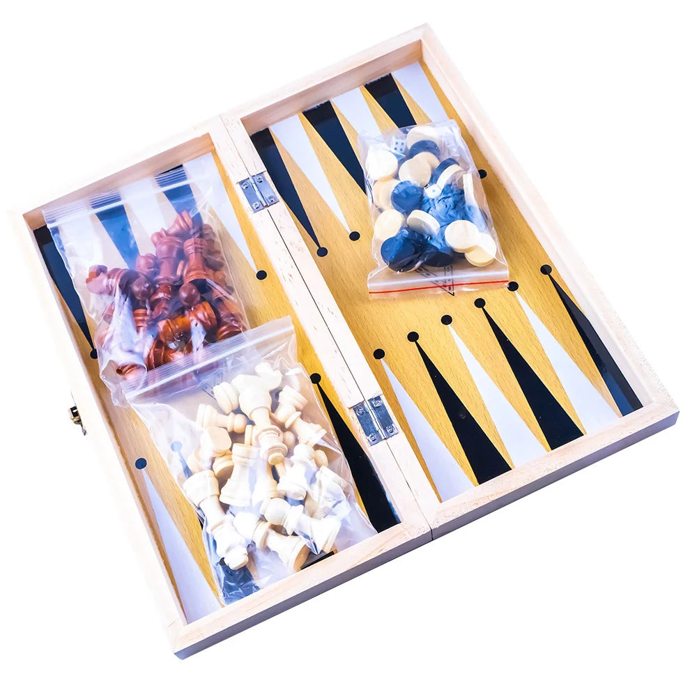 Joc 3 in 1: sah, table, dame, cutie lemn, 29x15 cm - Robentoys