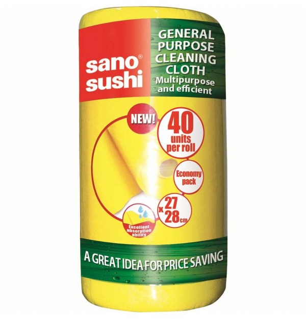 Rolă de lavete galbene Sano, 40 bucăți de 27x28 cm, potrivite pentru geamuri, plite și chiuvete, puternic absorbante și rezistente