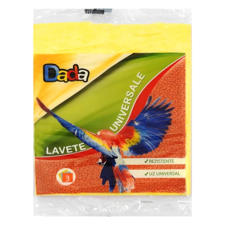 Set de trei lavete universale colorate Dada, dimensiune 40x30 cm, cu putere mare de absorbție, utilizabile pe coduri de culoare pentru curățenie generală