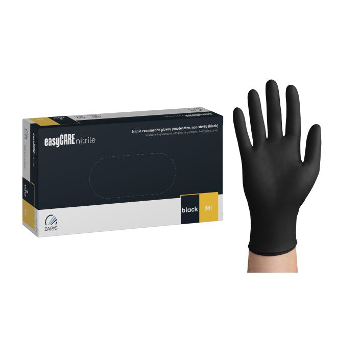 Cutie cu 100 de mănuși negre din nitril easyCARE, fără pudră și fără latex, cu textură anti-alunecare pe degete, potrivite pentru tatuatori și medici