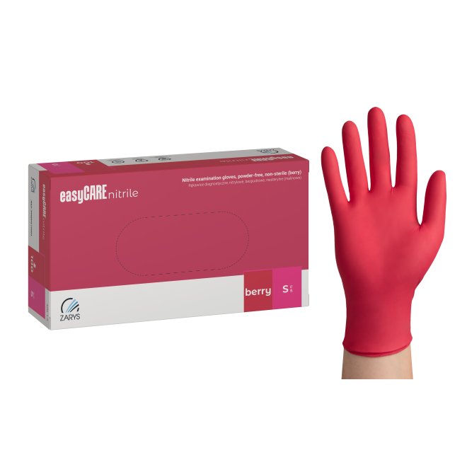 Cutie cu 100 de mănuși din nitril roz berry marca easyCARE, nepudrate și nesterile, ideale pentru protecție în saloane de cosmetică și cabinete medicale