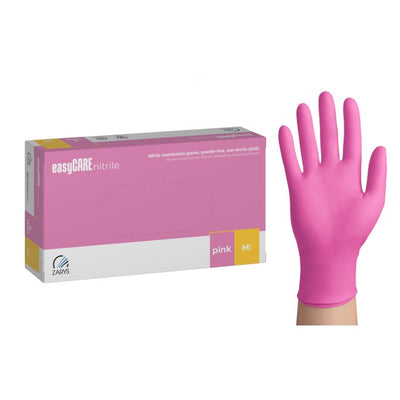 Cutie cu 100 de mănuși din nitril roz easyCARE, mărimea M, nepudrate și fără latex, ideale pentru utilizare medicală, cosmetică sau alimentară