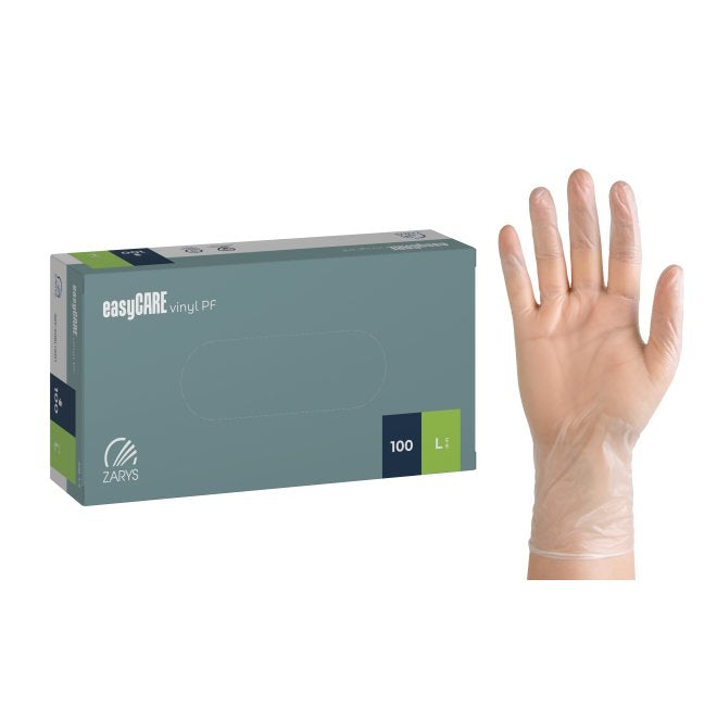 Cutie cu 100 de mănuși din vinil easyCARE, nepudrate și fără latex, de unică folosință, ideale pentru uz medical, cosmetic sau casnic.