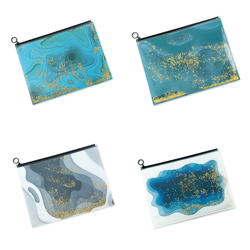 Mapa A5 cu fermoar Offishop model Seaworld cu confetti aurii mobile si inchidere ziplock plastic rezistent la apa