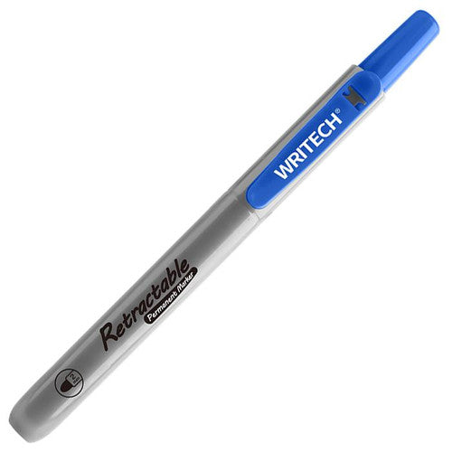 Marker permanent albastru retractabil Writech varf rotund 2mm fara capac reincarcabil rezistent la apa