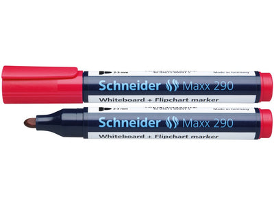 Marker rosu Schneider pentru whiteboard si flipchart varf rotund 2-3mm fabricat din 95% plastic reciclat rezistent fara capac