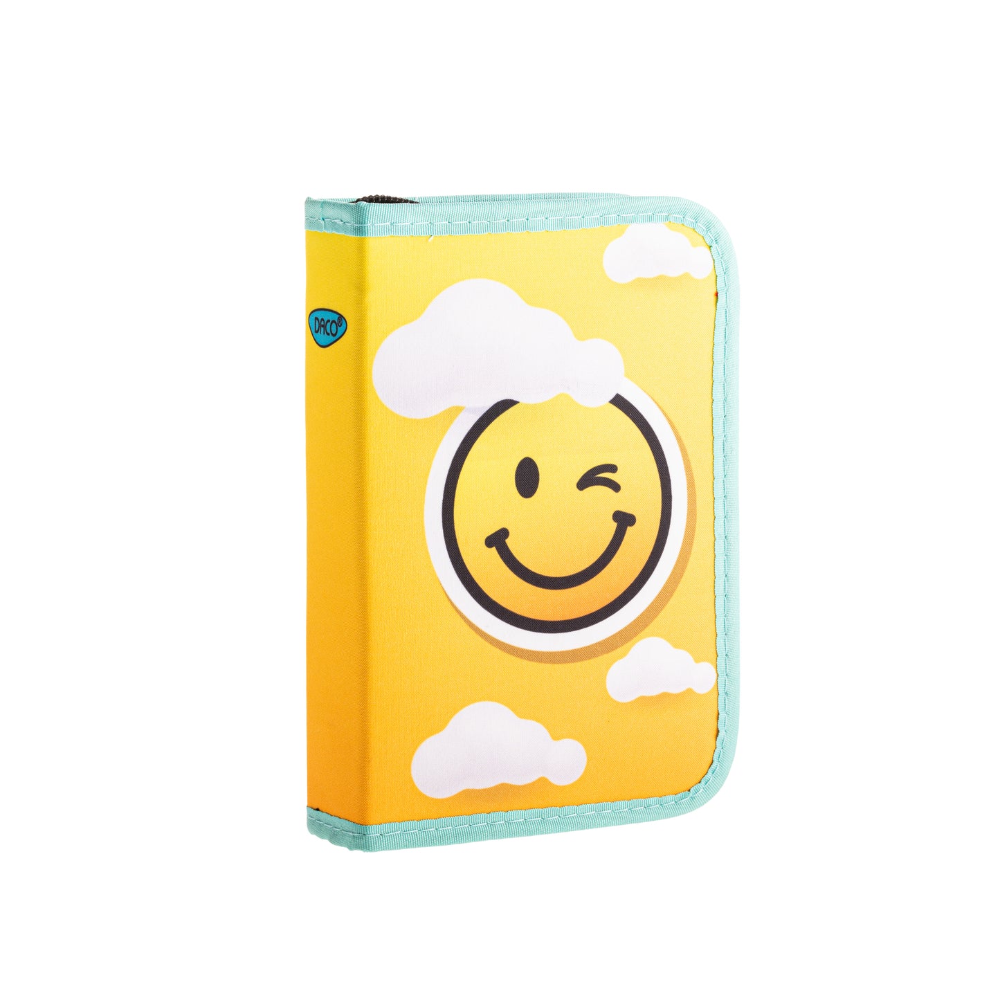 Penar scolar neechipat DACO model PE1958 culoare galben cu imprimeu Smiley wink in nori un compartiment cu doua extensii si suporturi elastice