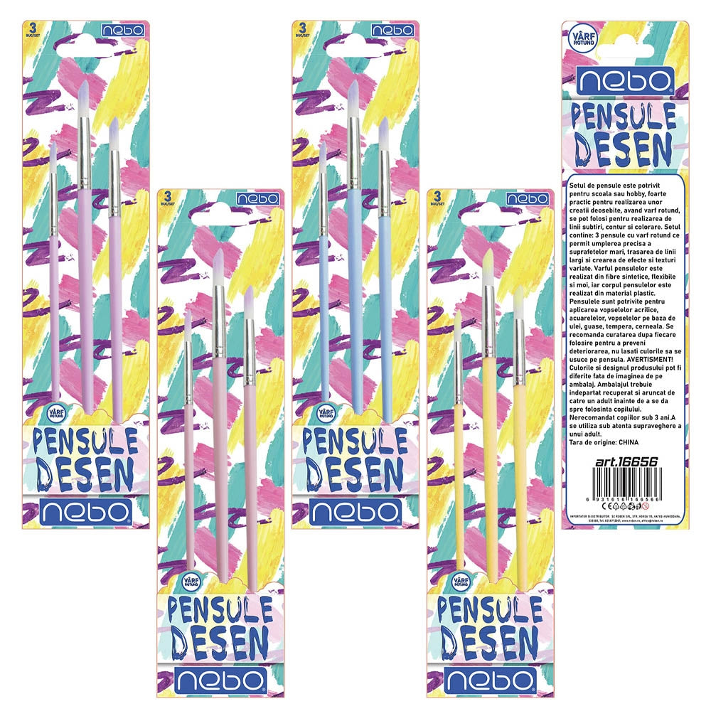 Pensule desen, culori pastel, varf rotund, 3 buc/set - NEBO