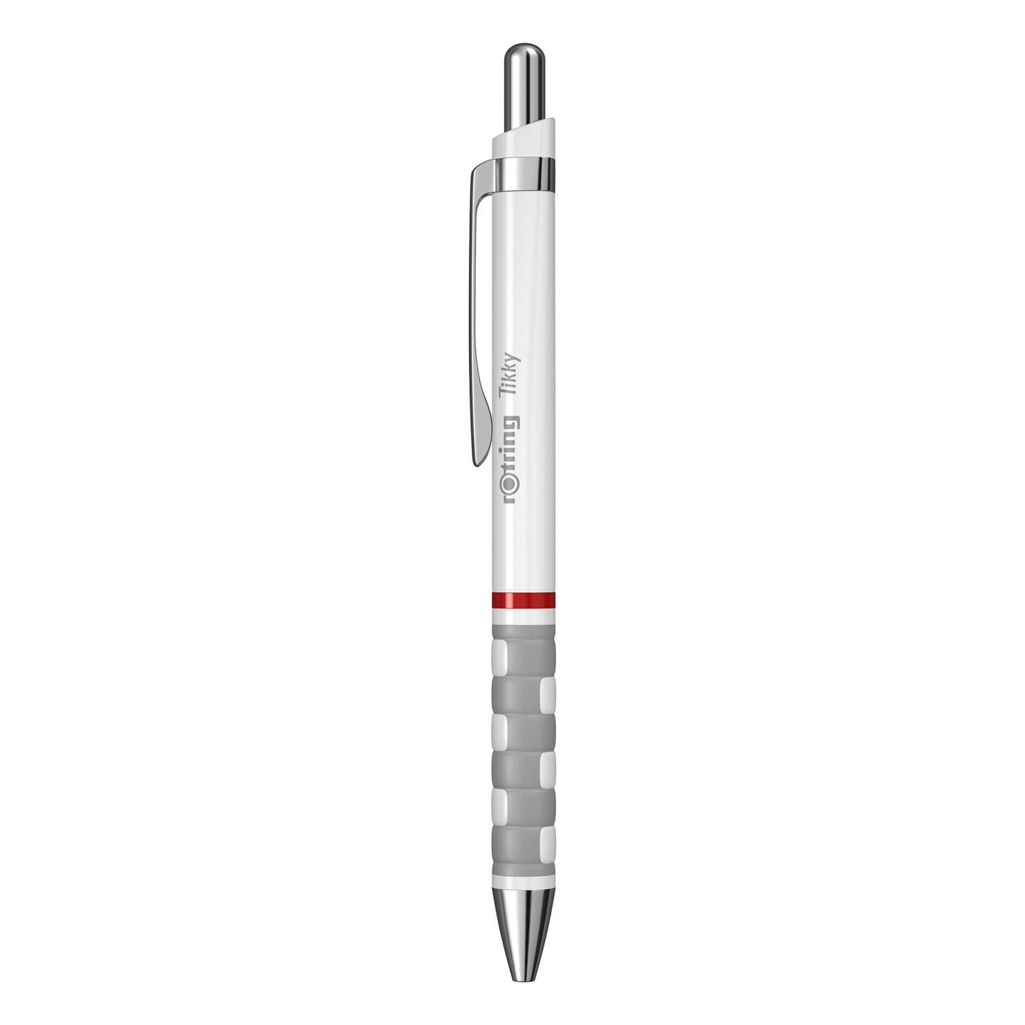 Pix mecanic Rotring Tikky 3 de culoare albă cu accesorii din oțel cromat, grip din cauciuc și mină Jumbo albastră de 0.7 mm
