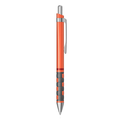Pix mecanic Rotring Tikky 3 de culoare portocaliu neon stralucitor, cu accesorii din oțel inoxidabil cromat, inel roșu distinctiv și grip din cauciuc.