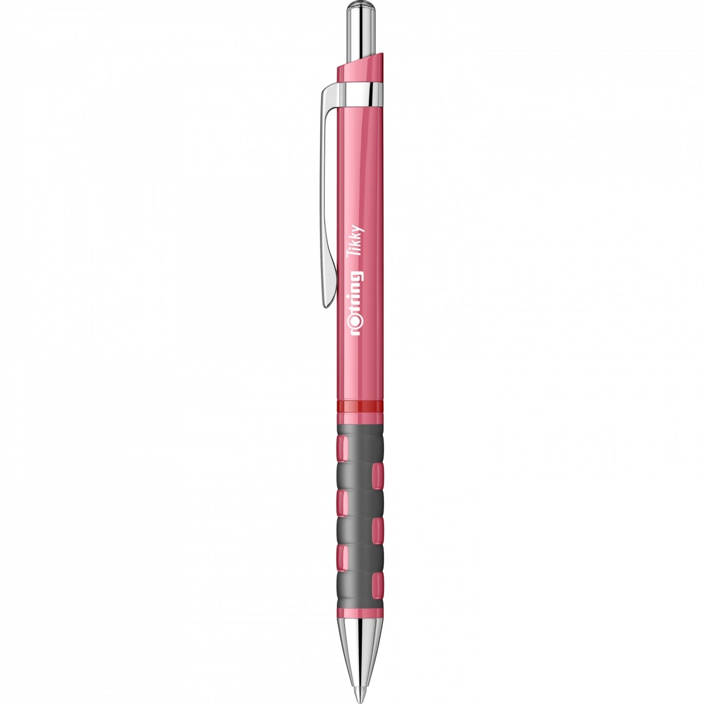 Pix mecanic Rotring Tikky 3 cu finisaj elegant roz sidefat, accesorii din oțel inoxidabil cromat, inel roșu distinctiv și grip ergonomic din cauciuc