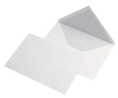 Plic alb format C6 cu clapetă în formă de V, închidere gumată, set 25 bucăți, ideal pentru invitații și corespondență elegantă.