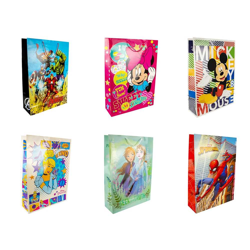 Pungă cadou gigant din hârtie Disney Canpol 81x51x17.5 cm cu personaje asortate și mâner textil pentru cadouri mari