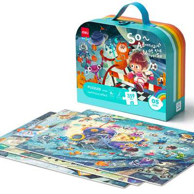 Puzzle cu geantă cadou și efect luminos Univers 359 piese Deli cu tematică spațială pentru copii
