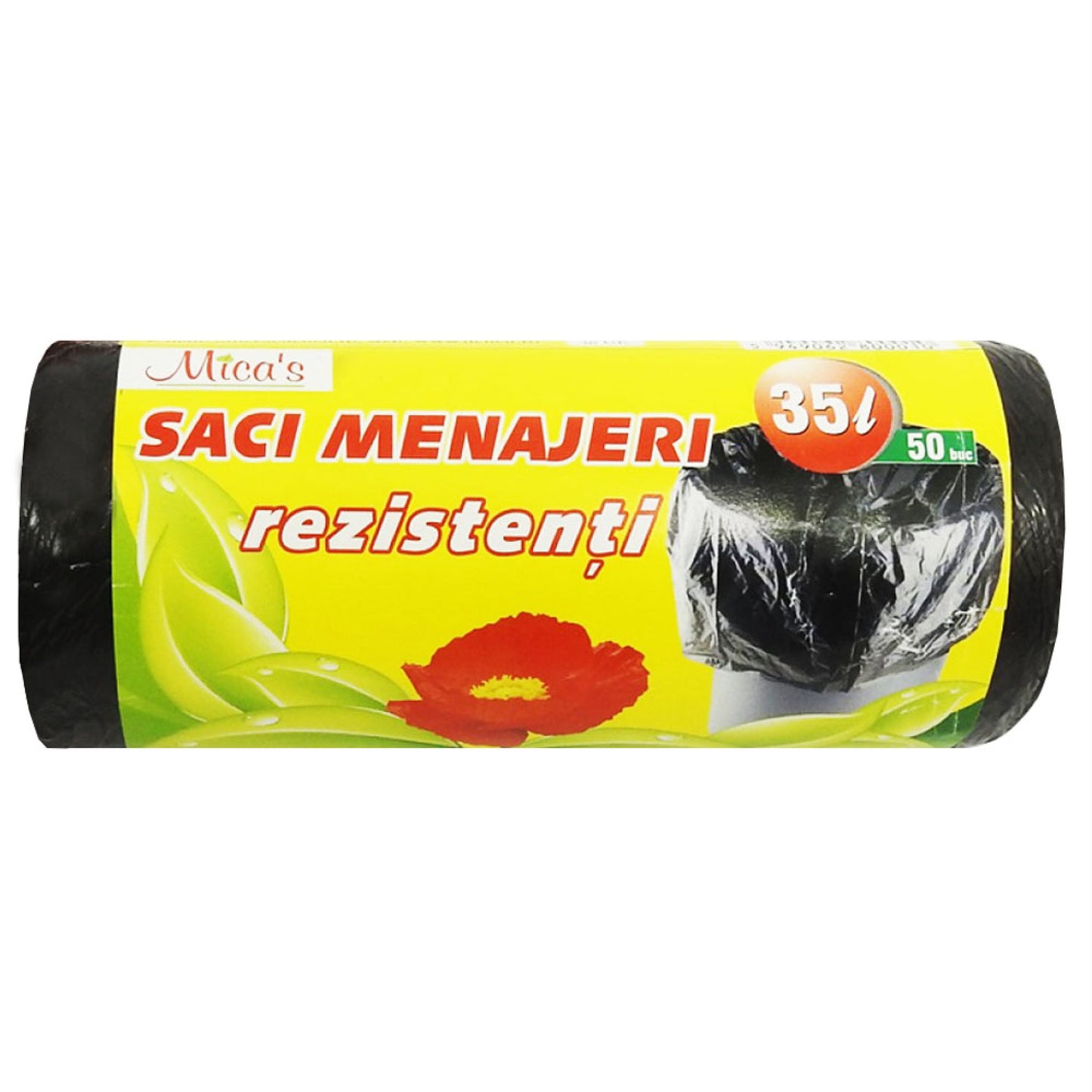 Rolă de 50 saci menajeri negri de 35 litri, ideali pentru coșul de gunoi din bucătărie sau birou, material rezistent și opac