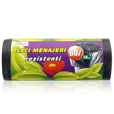 Rolă de 50 saci menajeri negri de 60 litri, fabricați din material rezistent, ideali pentru pubele medii de bucătărie sau birou.