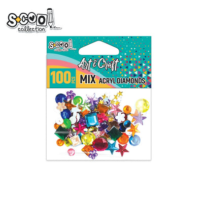 Set de 100 diamante din acril S-COOL cu forme variate (floare, stea, inimă, etc.), în culori diverse, ideale pentru decorarea meselor, felicitări, invitații și proiecte creative de lucru manual